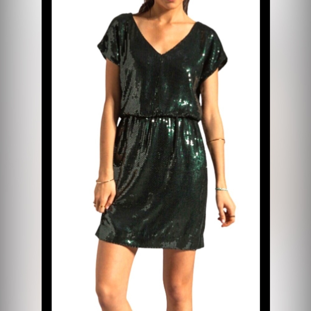 Trina Turk, size 8, goldfinger blouson dark green sequined dress - Picture 3 of 9